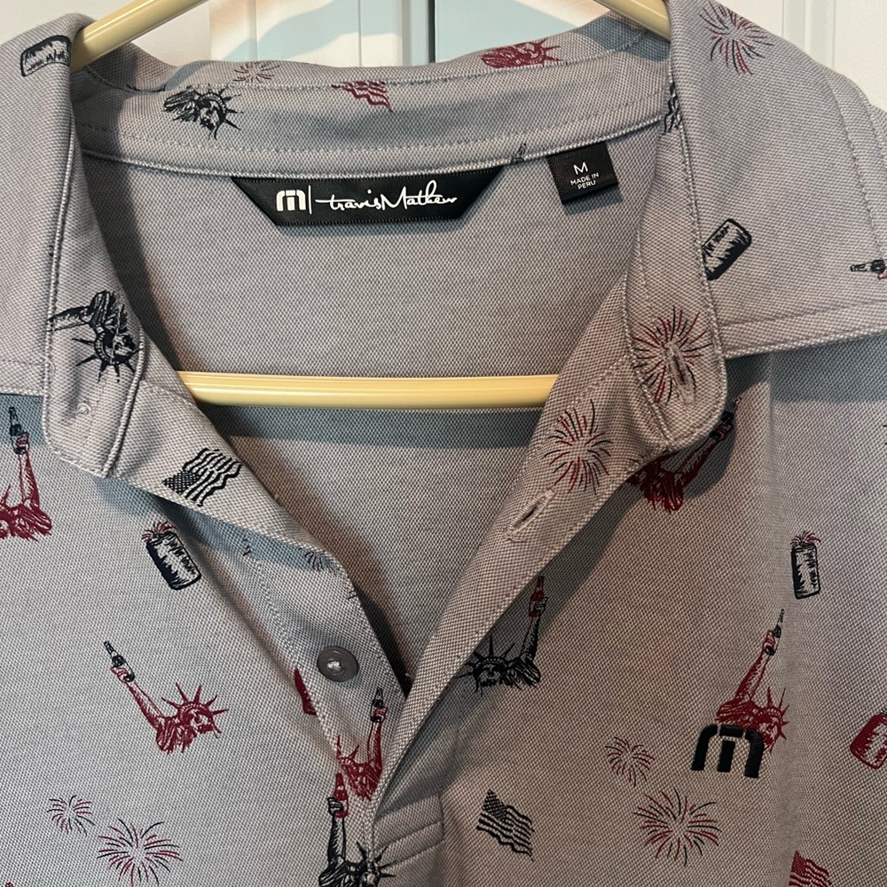 TravisMathew Justice In Beer Polo Mens M Gray Golf Shirt Patriotic Print - Picture 4 of 10